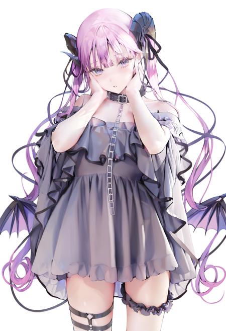 01300-3497287781-best quality, _lora_jimaXL_AWA2_lokr_V53P1_0.95_  1girl, demon tail, solo, tail, wings, dress, long hair, horns, demon girl, whi.png